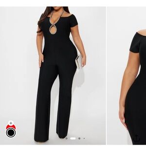Black off the shoulder, bandage jumpsuit size large rhinestone strap